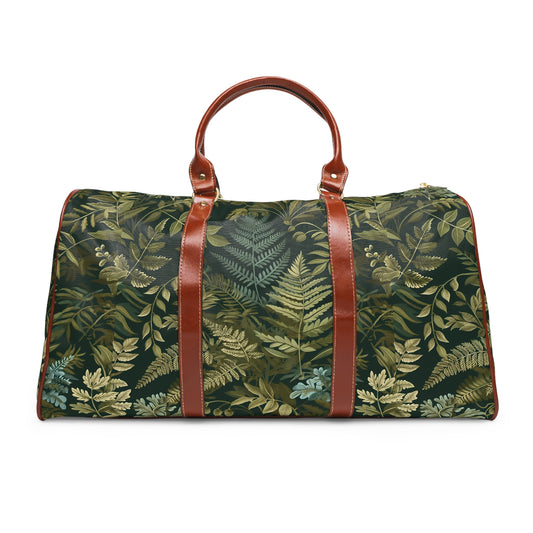 a green and brown bag with leaves on it